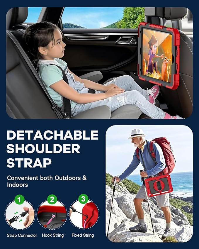 Cantis Case for iPad 9th/8th/7th Generation with Screen Protector, iPad 10.2 Case 2021/2020/2019 with 360 Degree Rotating Stand/Shoulder Strap/Pencil Holder, Red