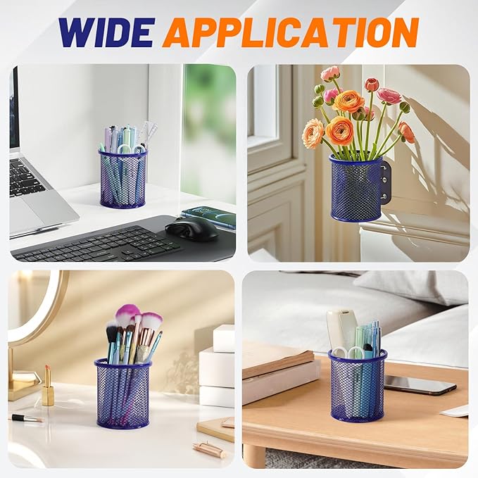 Segarty Pen Cup Holder for Desk, 12 Pack Round Dark Blue Pen Holder, Wire Mesh Pencil Cups Organizer Set for Office Supplies, School Classroom, Desktop Accessories, Makeup Brush