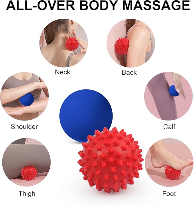 Physical Massage Therapy Ball Set: Lacrosse & Spiky Ball Set for Myofascial Release, Plantar Fasciitis, Stress Relief for Back, Neck, Feet - for Home, Office, Gym