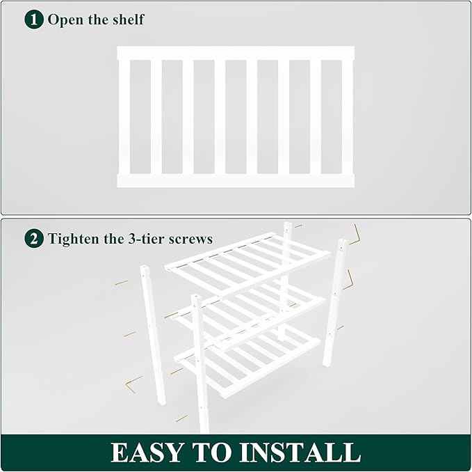 Smiry Bamboo Shoe Rack for Closet, 3 Tier Small Wooden Stackable Shoe Organizer, Free Standing Shoes Storage Shelf for Entryway, Front Door Entrance, White