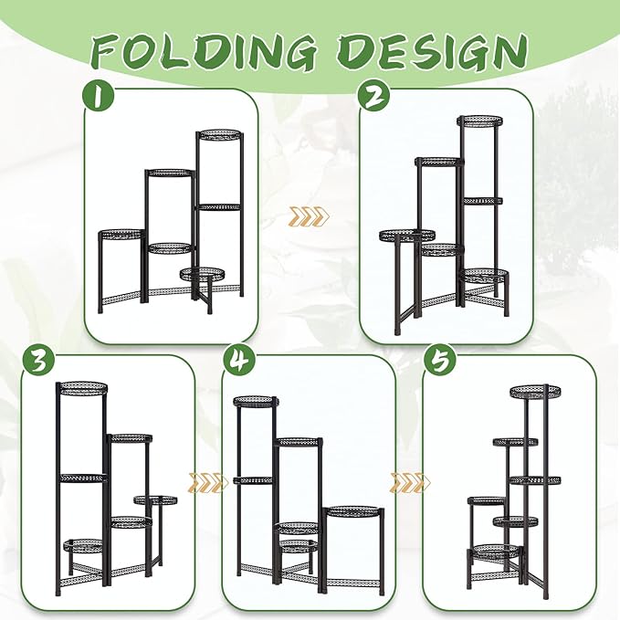 6-Tier Metal Plant Stand Indoor Outdoor - Corner Tall Plant Shelf for Multiple Plants, Foldable Heavy Duty Plant Holder - Decoration flower Stand for House Living Room Balcony Garden Patio - Black