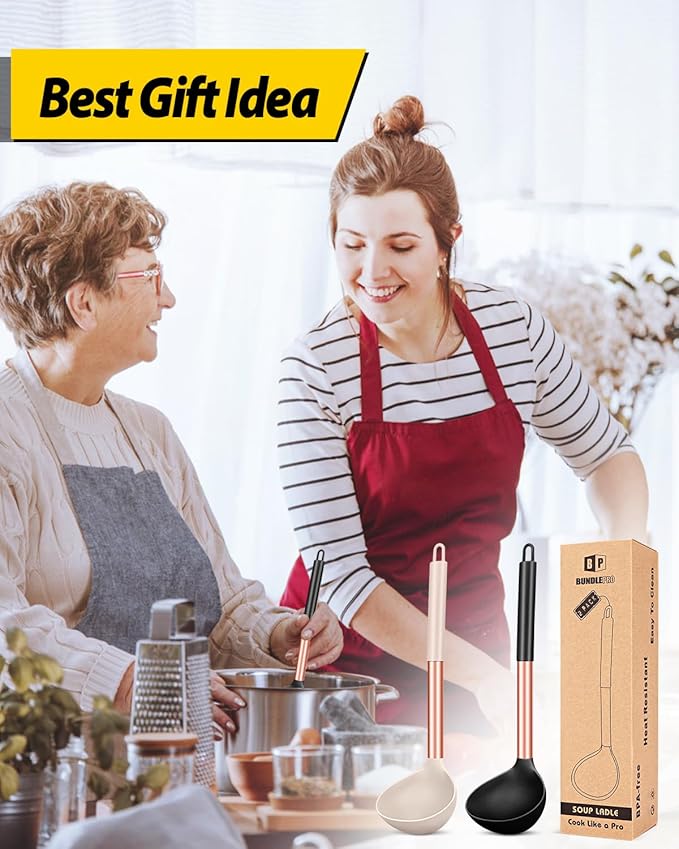 Pack of 2 Ladle Spoon,Silicone Large Spoon for Soup,Non Stick Kitchen Utensils with High Heat Resistant,BPA Free Perfect Kitchen Tools for Cooking, Stirring,Serving Soups (ROSE GOLD BLACK-KHAKI)