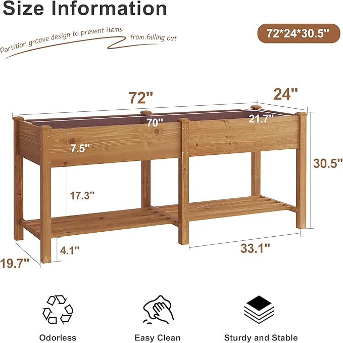 FILWH Raised Garden Bed with Legs Elevated Wooden Planter Box Stand Large Planter Stand Box for Fruits Vegetables Flowers with Divider with Bag- 72 * 24 * 30.5IN(Brown)