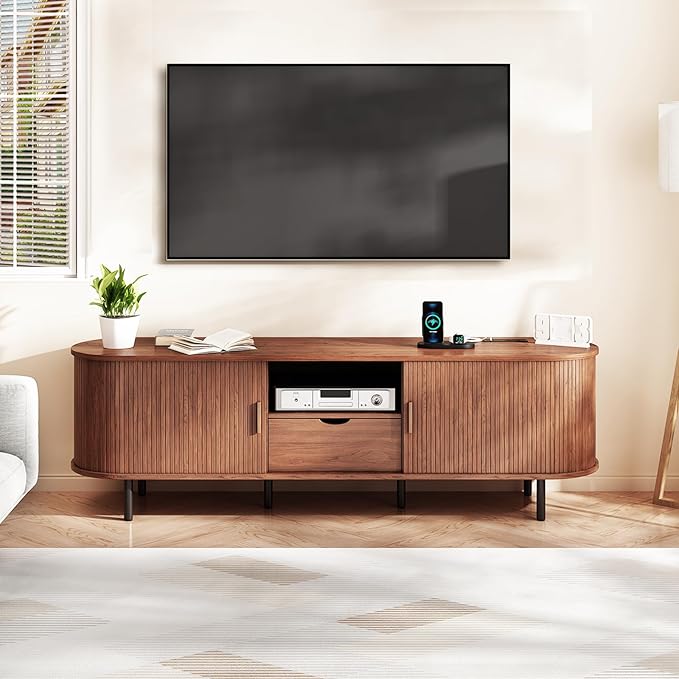 69" Mid-Century TV Stand with Power Outlet, Fluted Entertainment Center with Storage Drawer, TV Console with Sliding Door and Adjustable Shelves, TV Stand up to 80" for Living Room, Bedroom, Walnut