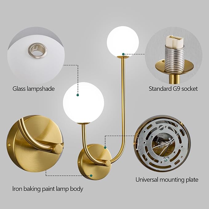 Milk Glass Wall Sconce Gold Wall Sconces Mid Century Modern Sconces Wall Lighting 2 Light Globe Sconce for Bedroom Living Room Hallway Wall Light Fixtures