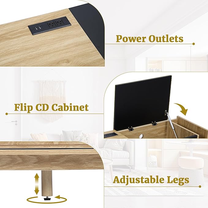 Modern TV Stand for TVs up to 70 Inch, Wood TV Cabinet, Entertainment Center with CD Storage Cabinet, TV Console Table with 2 Doors and Power Outlets, for Living Room (Natural & Black)