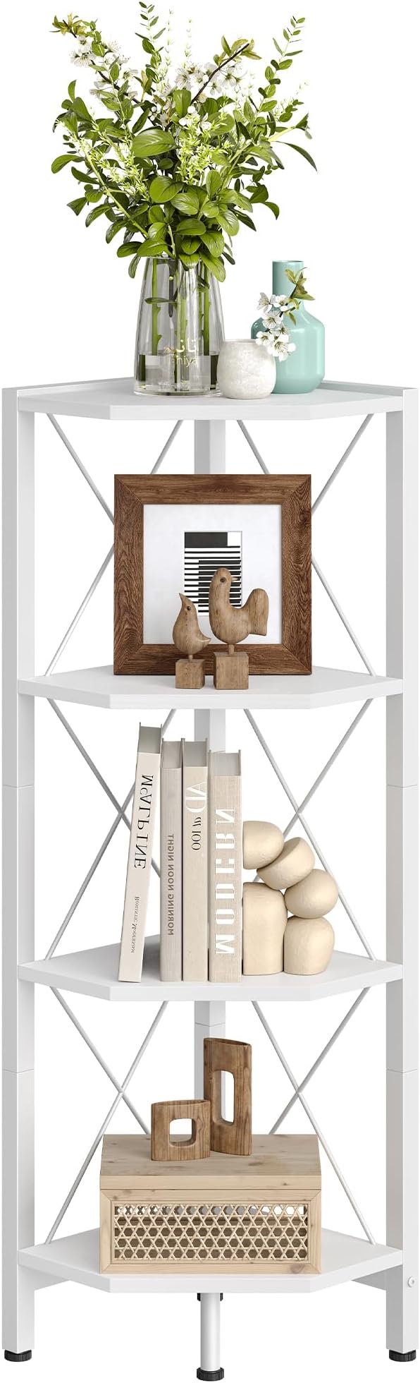 4-Tier Corner Shelf, Corner Bookcase, 43.3" Tall Vertical Display Rack, Plant Stand, Open Storage Shelf, for Living Room, Bedroom, Study, Kitchen, White TCJ14WB