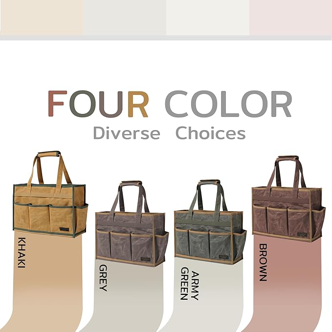 Heavy-Duty Waxed Canvas Tool Tote Bag – Large Capacity Tool Organizer with 14 External Pockets & Padded Handle | Durable Storage Tote for Contractors, Electricians & DIY (16.5" x 7" x 12", Khaki)
