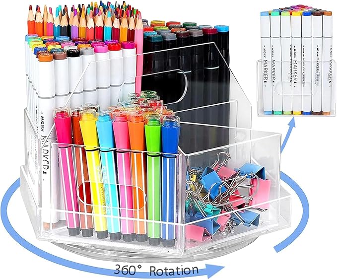 Large Capacity 360° Rotating Marker Organizer with 6 Compartments Acrylic Pen Holders Office Storage Supplies Holds over 600+ Pencils