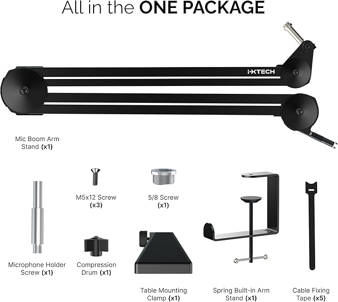 IXTECH Microphone Boom Arm Stand, Heavy Duty Adjustable Mic Stand with Cable Ties, Desk Mount Arm Stand for Gaming Streaming Podcasting.