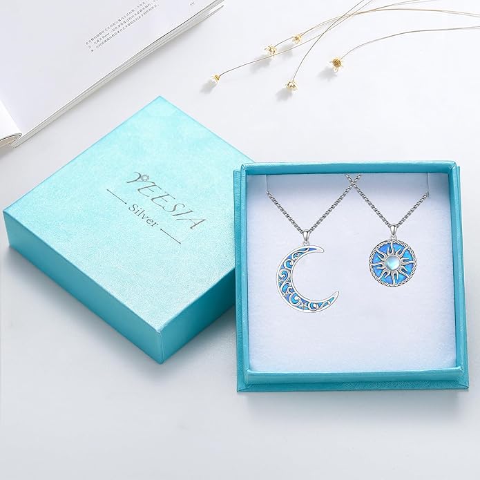 Yin Yang Necklaces 925 Sterling Silver Friendship Sun Moon/Mountain/Dolphin/Tree of Life/Flower/Wings Pendant Necklace Moonstone Abalone Opal Jewelry for Women Men Couples