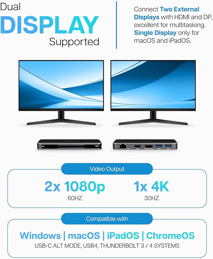 VisionTek VT350 Portable USB-C Dual Monitor Hub - 1x DP, 1x HDMI, 2X USB-A, 1x Ethernet, 1x USB-C for Windows/MacOS/ChromeOS/iOS