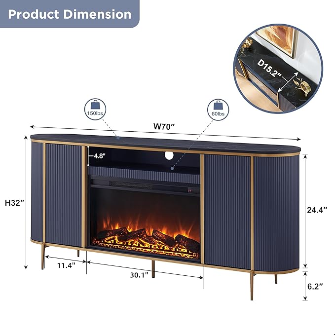 OKD Luxury 70" Fluted Fireplace TV Stand, Modern Chic Entertainment Center for TVs Up to 80 inches, TV Console with Faux Marble Top, Curved Profile Design, Media Console for Living Room, Navy Blue