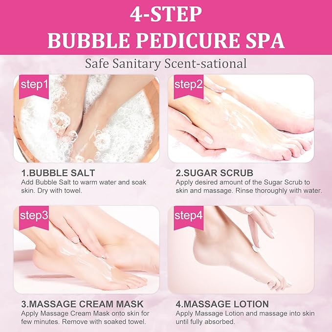 Pedicure Kit Foot Soak Set: Bubble Salt, Sugar Scrub, Massage Mask, Massage Lotion in a Box, 4 Step Foot Spa Kit for Dry Feet, Softens Calluses, Soothes Sore, Tired Feet(3 Set Rose)