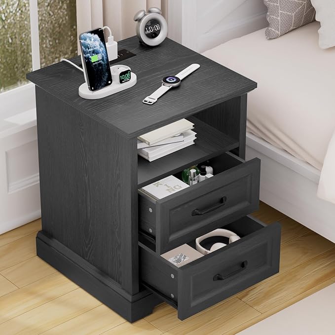 HOMMPA 18'' Farmhouse Nightstand with Charging Station, Bedside Tables with Storage, Bed Side End Table with Open Shelf, 2 Drawers Wood Night Stand Dresser for Bedroom, Living Room, Black