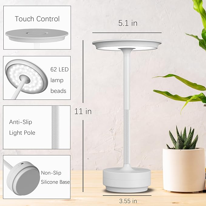 2 Pack Rechargeable Cordless Table Lamps, Portable 5000mAh LED Table Light, 3 Color Stepless Dimming Battery Powered Metal Table Lamp for Outdoo/Restaurant/Home/Patio.(Light Gray)