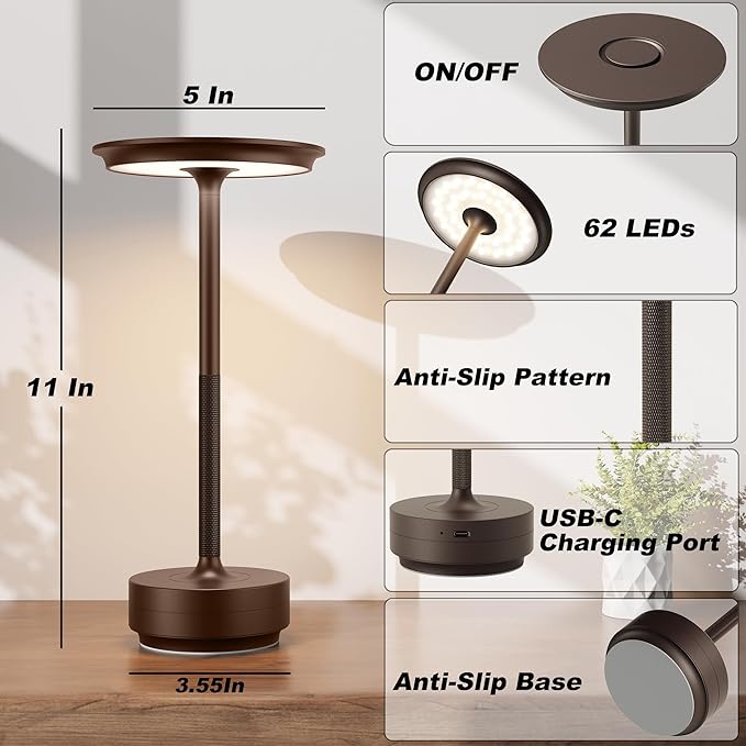 Rechargeable Table Lamps Cordless, Portable 5000mAh Outdoor Table Light, 3 Color Stepless Dimming LED Table Lamp with Memory Function, for Home/Dinner/Patio/Restaurant.(Brown)