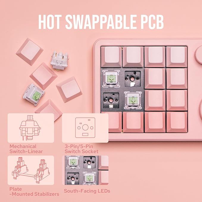 KiiBoom Cybrix 16 VIA Programmable Macro Pad - 16 Keys + 3 Knobs, Type-C Wired Aluminum Numpad, Hot-Swappable PCB, RGB Backlight, Lightweight & Portable Numeric Keypad for Windows & Mac (Pink)