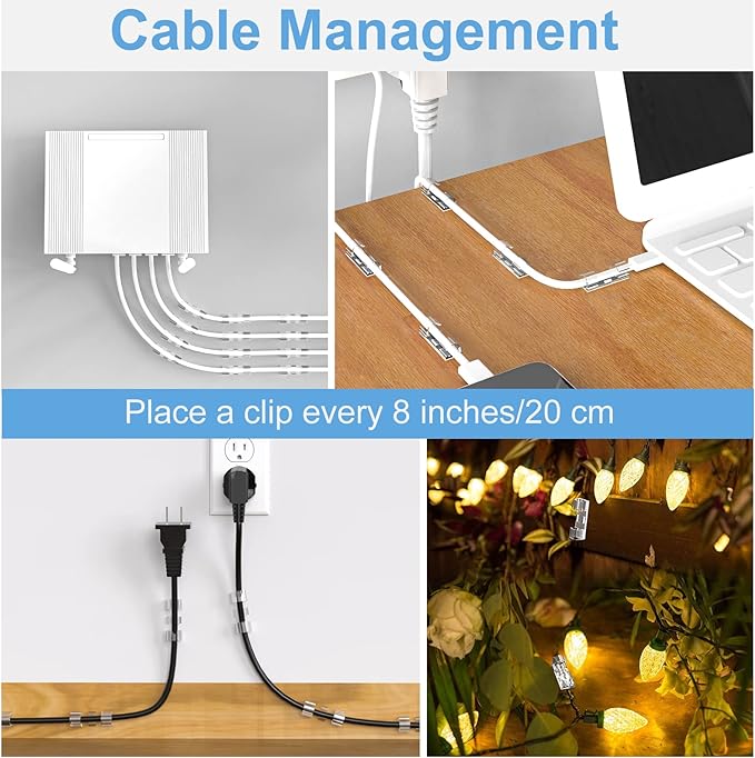 Cable Clips Clear (60PCS, M), Upgraded Adhesive Wire Holders for Wall, Strong Cord Organizer Under Desk, Car, PC, Christmas Light Clips Outdoor