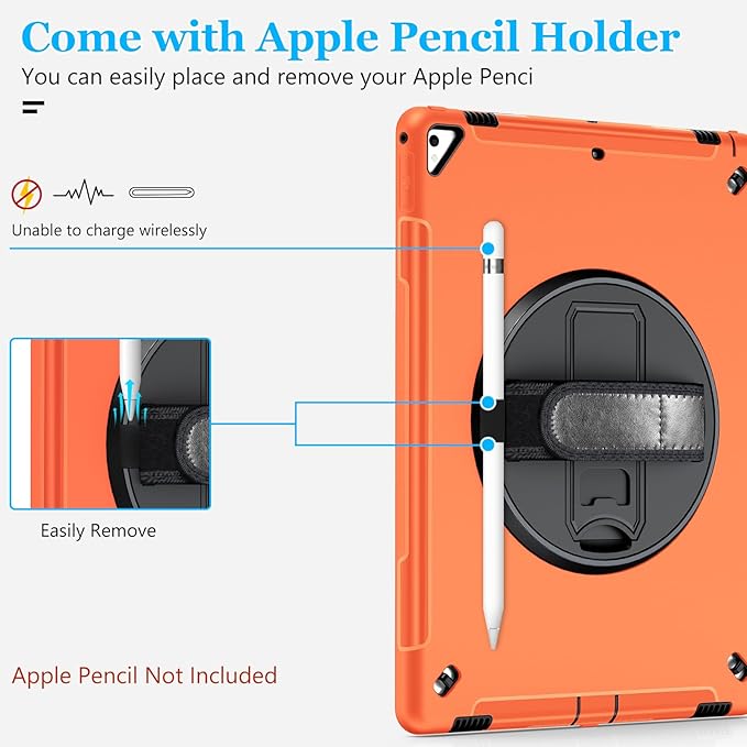 Case for iPad Pro 12.9 2nd Generation 2017 & 2015 1st Generation, Heavy Duty Rugged Shockproof Protective Cover w/ 360° Rotatable Stand + Handle Hand & Shoulder Strap + Pencil Holder-Orange