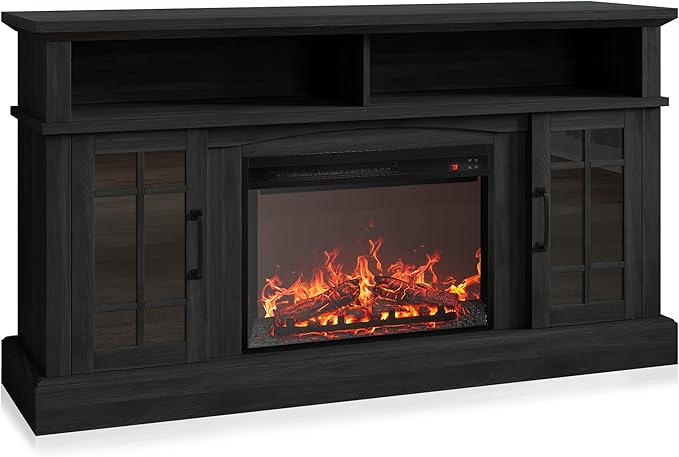 BELLEZE Traditional 58" Rustic TV Stand with 23" Electric Fireplace Heater with Sound, Media Entertainment Center Console Table for TV up to 65" with Open Storage Shelves and Cabinets - Rustic Grey