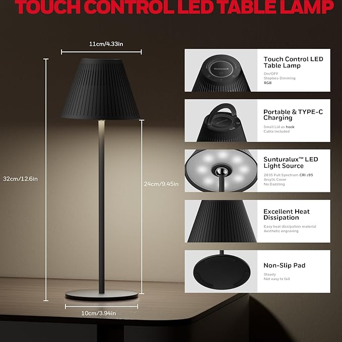 Honeywell 2Pack M1 Sunturalux Portable LED Desk Lamp - Cordless Table Lamp Rechargeable 5200mAh Battery Operated 4Color 9RGB Dimmable Bedside Lamps for Home Living Bedroom Night Light (Black)
