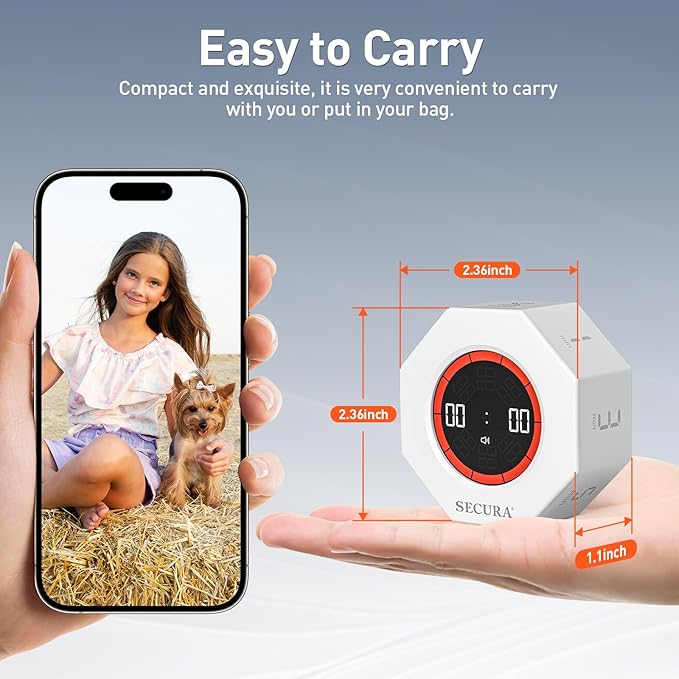 Secura Pomodoro Timer, Rotating Cube Time Tracker, Flip Gravity Sensor with 7 Presets(1/3/5/10/15/30/60 Minutes), Visual Progress Bar for ADHD, Kids, Tasks, Work, Study (White)