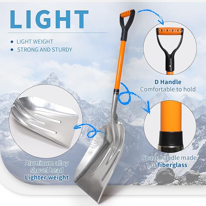 Aluminum Snow Shovel with D Handle Metal Snow Shovel for Driveway 45Inches 3.7 Pounds Transfer Shovel Shovel for Gardening, Orange
