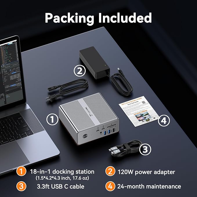 TobenONE Quad Monitor Docking Station with 4 HDMI, 18-in-1 DisplayLink Docking Station with 120W Charger, Dock for Thunderbolt 4/3, USB-C Windows, MacBook(4 USB, 2 USB-C, Ethernet,SD/TF,Audio)