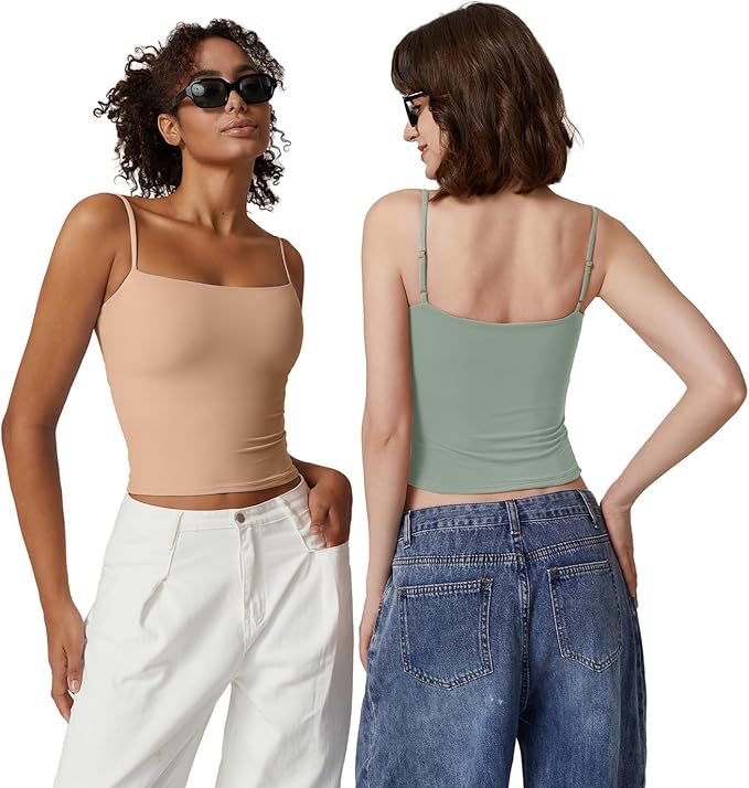 QINSEN Women's Double Lined Basic Tank Top Adjustable Spaghetti Straps Sleeveless Camisole Shirts