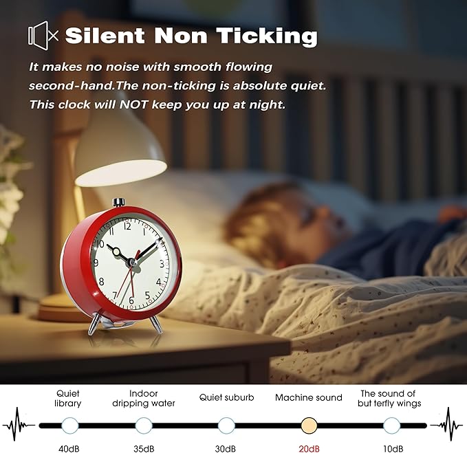 AYRELY® 4" Loud Analog Alarm Clock, Retro Metal Travel & Table Clock Battery Operated, Silent Non-Ticking Desk Clock with Alarm Switch Button for Bedroom, Bedside, Shelf, Office (red)