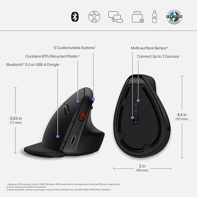 HP 920 Ergonomic Vertical Mouse Wireless Bluetooth 5.3 & USB Dongle, 5 Programmable Buttons, 16 Week Battery, Multi-Device, Multi-OS