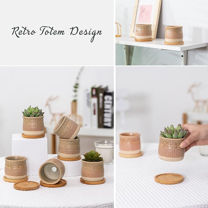 TAMAYKIM 2.75 Inch Mini Ceramic Succulent Plant Pots, Retro Tiny Planter Pots with Saucer & Drainage Hole, for Cactus, Small Plants, Set of 6, Brown Beige