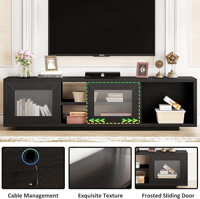 HSH Black TV Stand 55 Inch,Entertainment Center for Bedroom and Under TVs Cabinet with Storage,Modern TV Console with Sliding Doors for 60" TVs,Media Console for Living Room