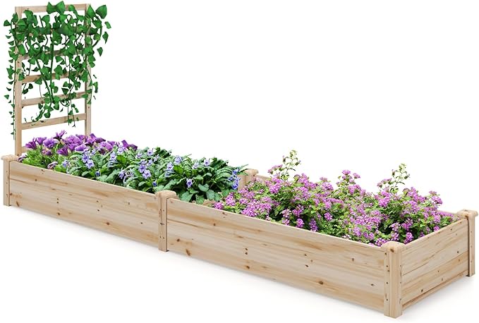 S AFSTAR Raised Garden Bed with Trellis & Planter Box, 93" L x 25" W x 40" H Outdoor Wooden Planter Box Kit for Flower Herb Vegetable Fruit Climbing Vines, Elevated Gardening Bed for Garden Patio