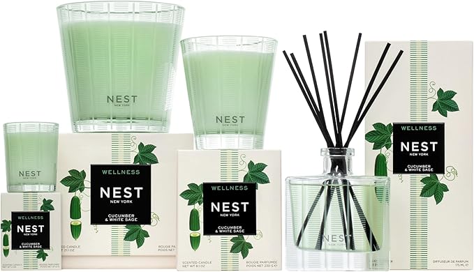 NEST New York Reed Diffuser, Cucumber & White Sage - 5.9 fl oz - Fragrance for Up to 90 Days - Reusable, Refillable Glass Holder - Includes 8 All-Natural Reed Sticks - Flame Free