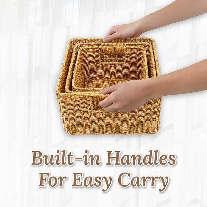 Baskets with Handles, Wicker Storage, Shelf Boxes for Organizing, Decorative Resin, Set of 3, Amber