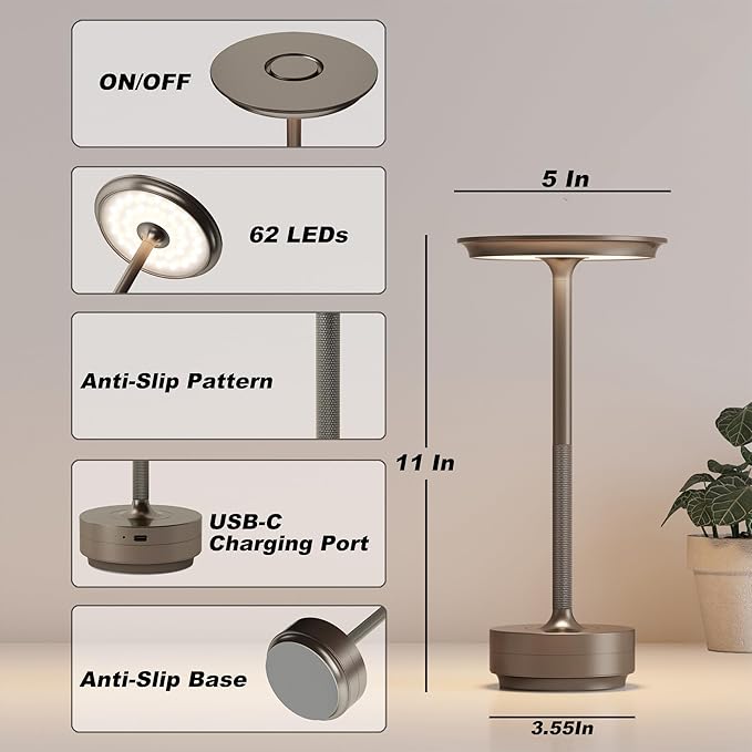 Rechargeable Table Lamps Cordless, Portable 5000mAh Outdoor Table Light, 3 Color Stepless Dimming LED Table Lamp with Memory Function, for Home/Dinner/Patio/Restaurant.(Light Cafe)