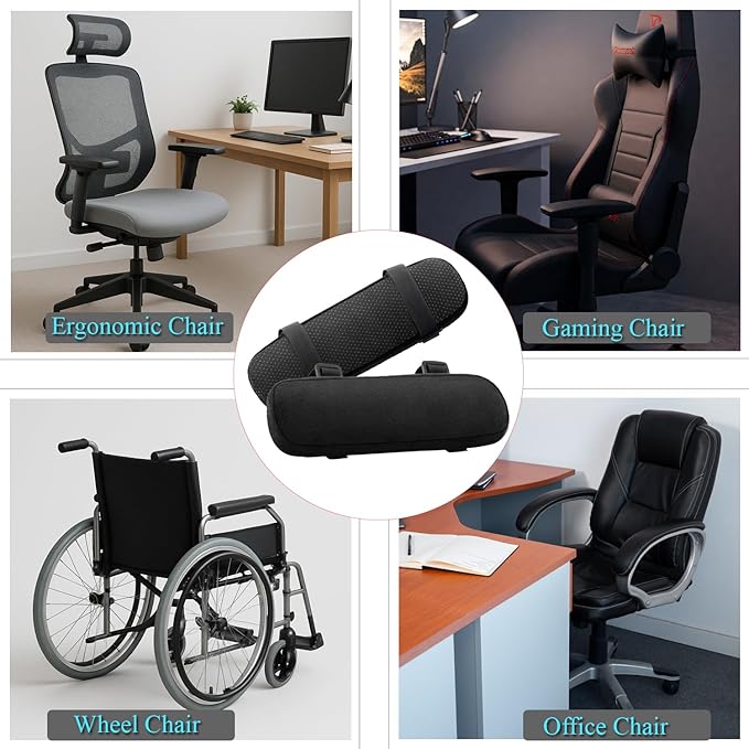 Office Chair Armrest Pads - Soft Memory Foam Armrests. Gaming and Work Chair Armrest Covers for Comfortable Elbows and Forearms to Relieve Pressure, Elastic, Black (Set of 2)