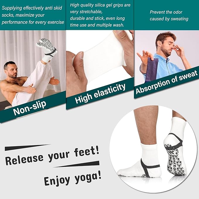 Muezna Men's Non-Slip Yoga Socks, Anti-Skid Pilates, Barre, Bikram Fitness Hospital Slipper Socks with Grips