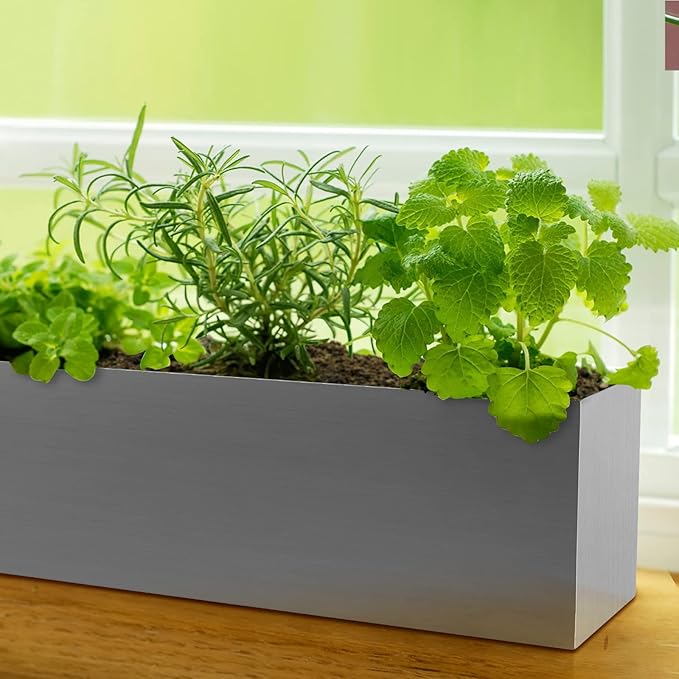 17" Large Stainless Steel Planter Box with Drain Holes and Water Reservoir, Rectangle Succulent Trough Planter Pot for Indoor Outdoor Windowsill, Table Decor (Brushed Nickel)