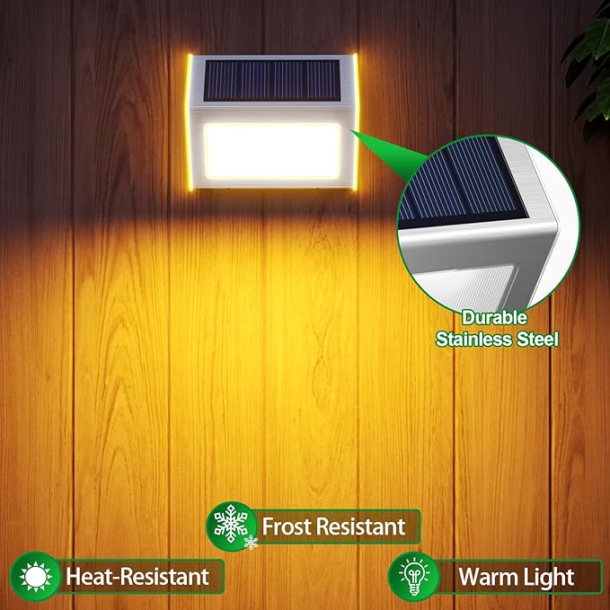 JSOT Solar Fence Lights - Solar Lights Outdoor Waterproof, Outdoor Light Deck Light for Outside Garden Backyard Patio Yard Wall Stair Step Post 3LED Lighting, Warm Light, 6 Pack