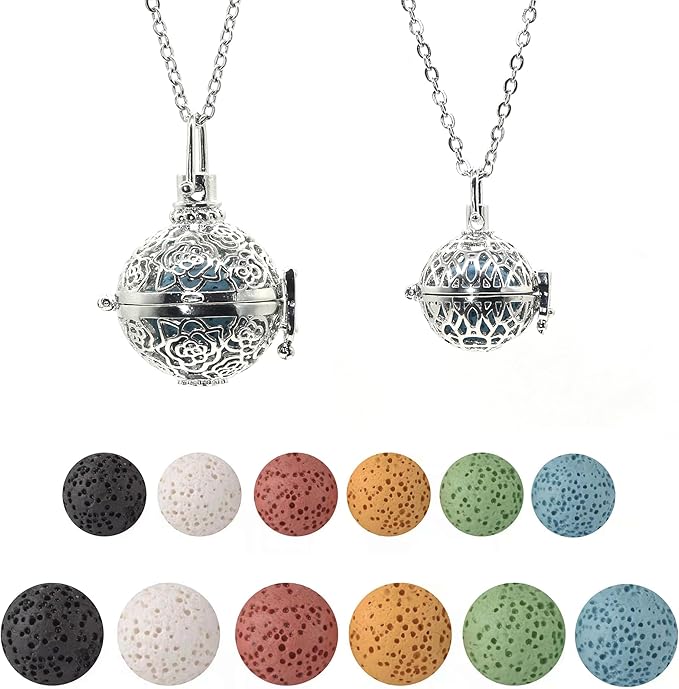 2PCS Aromatherapy Essential Oil Diffuser Necklace Hollow Ball Locket Pendant Necklace with Lava Bead Stone for Women