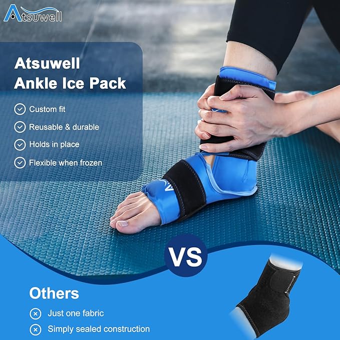 Atsuwell Ankle Ice Pack Wrap 2 Pack, Reusable Ice Packs Ankle Cold Compression, Soft Plush Lining Gel Cold Pack for Foot, Flexible Heel Ice Pack for Men Women