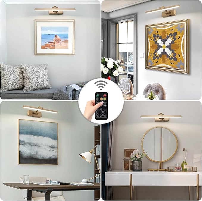 Wireless Picture Lights with Remote and Timer Brass Gallery Lighting Rechargeable Wireless Art Lights 3CCT Dimmable Painting Lights Battery operated wall lights for Portrait artwork display 3W 16"