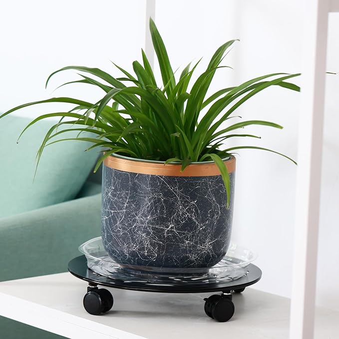 1 Packs Large Metal Plant Caddy with PU Wheels 13" Heavy-Duty Wrought Iron Rolling Plant Stands Indoor Outdoor Wheeled Plant Dolly Planter Mover Rollers Plant, Leaf Style