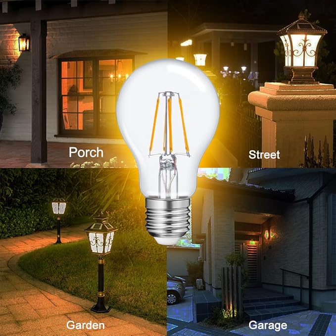 FAGUANGAO A19 LED Dusk to Dawn Light Bulbs Outdoor,6W 60W Equivalent,2700K Warm White,650 Lumen, E26 Edison Filament Photocell Sensor Bulb,Auto On/Off Vintage Bulbs for Porch,Patio,Garage,4 Pack