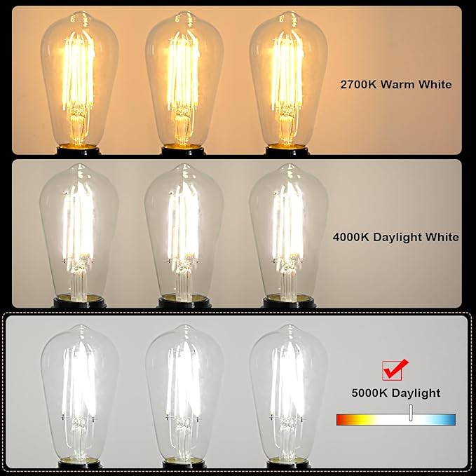 Ascher Vintage LED Edison Bulbs, 6W, Equivalent 60W, Non-Dimmable, Daylight 5000K, 700Lumens, ST58 Antique LED Filament Bulbs with 80+ CRI, E26 Medium Base, Clear Glass, Pack of 12