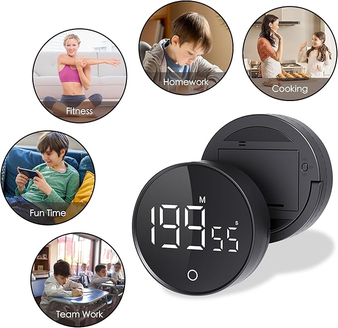 Digital Kitchen Timers, Visual timers Magnetic Countdown Countup Smart Timer Large LED 200 Minutes Display Volume Adjustable for Cooking Fitness Studying, Easy for Kids and Seniors