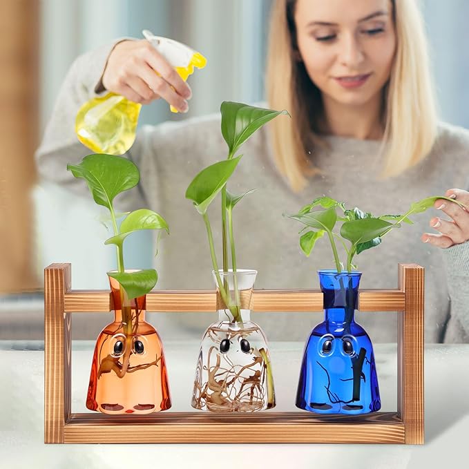 Halloween Plant Propagation Stations Plant Terrarium with Wooden Stand Hydroponics Glass Vase Planter for Halloween Home Office Garden Table Decoration(Ghost)